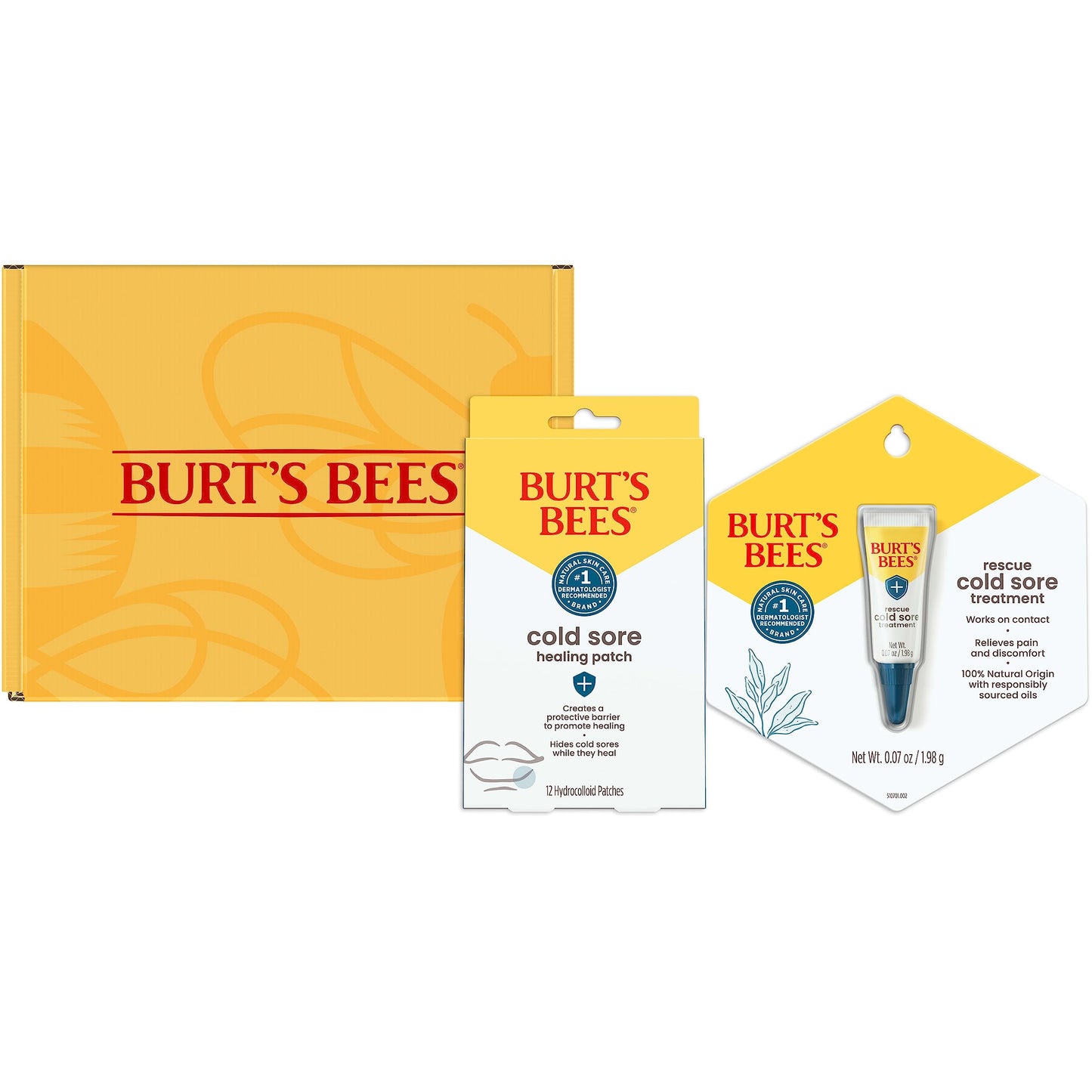 Full contents of Burt's Bees cold sore system illustrating the complete day and night fever blister management routine.
