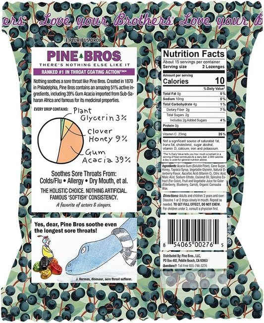 Pine Bros. Elderberry throat drops packaging showing count and flavor