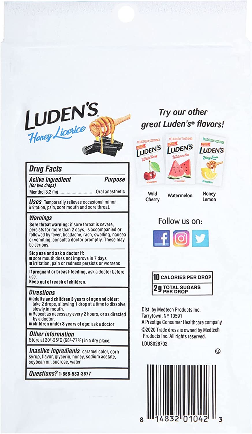 Close up view of Luden's honey licorice soothing drops for minor throat irritation.