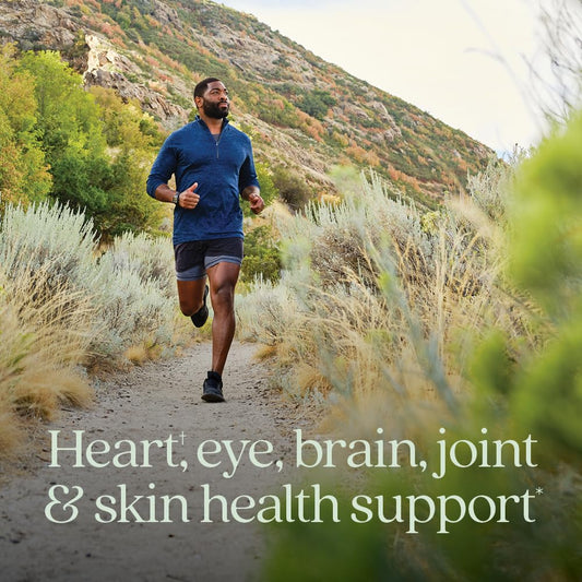 New Chapter Omega 3 dietary supplement packaging highlighting thirty premium softgels for daily heart health support.