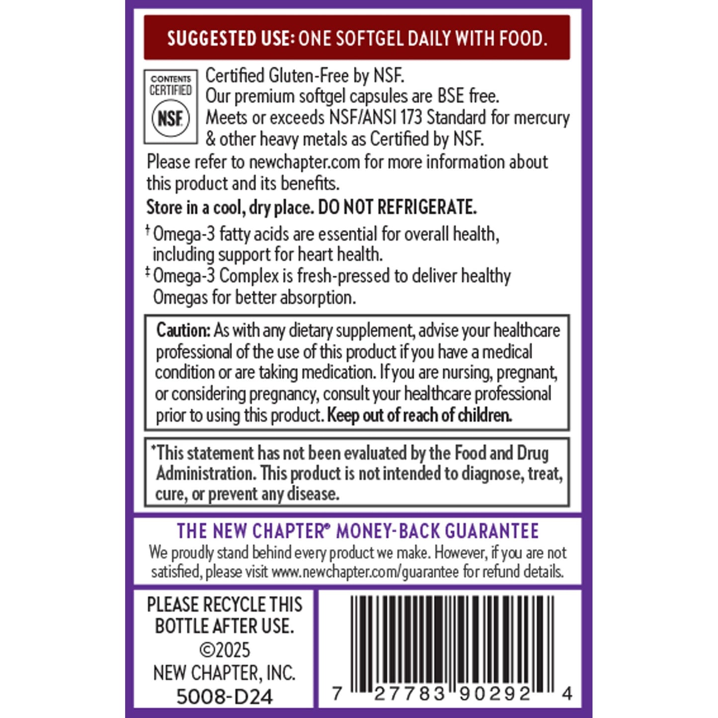 Top view of New Chapter Omega 3 Complex bottle cap and packaging detailing the suggested one daily softgel usage.