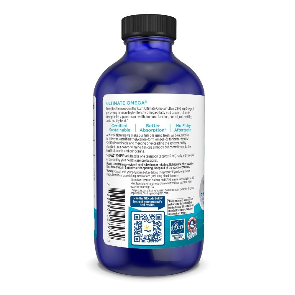 Nordic Naturals Ultimate Omega 8 Fluid Ounces bottle showcasing the non-GMO and triglyceride form badges.