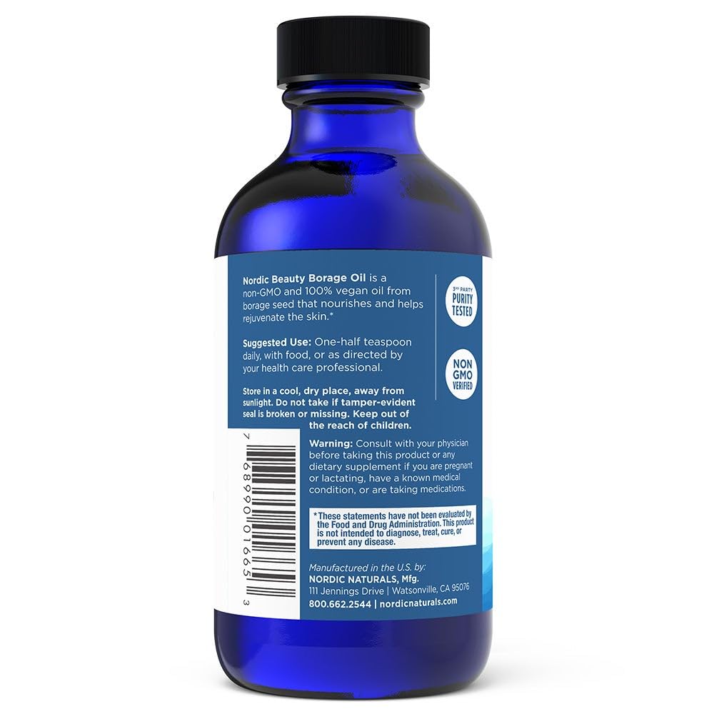 Back label of Nordic Beauty borage oil showing ingredients list and daily dosage instructions.