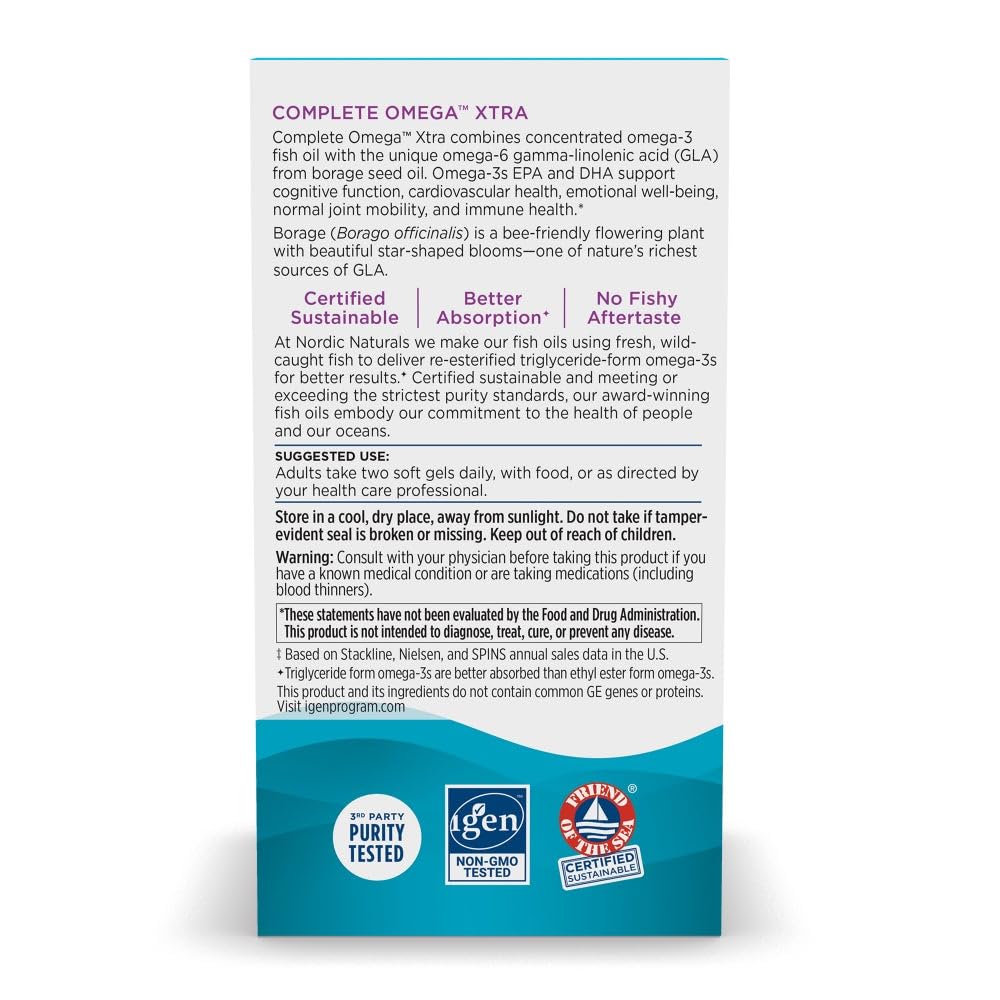 Nordic Naturals Complete Omega Xtra capsule size and suggested daily dosage instructions