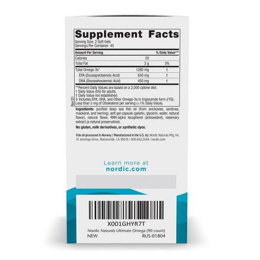 Nordic Naturals Ultimate Omega 1280 milligrams nutrition facts label on the back of the bottle