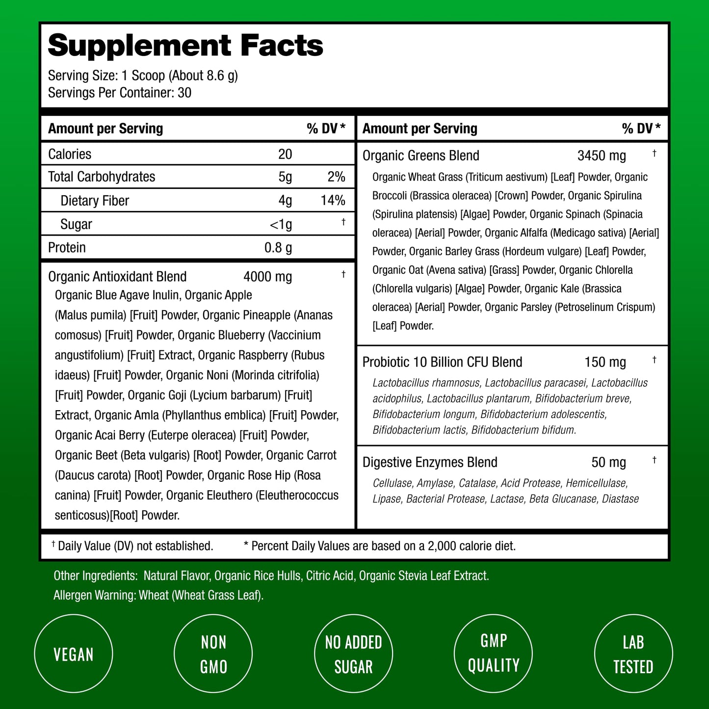 NutraChamps Super Greens organic supplement scoop and powder