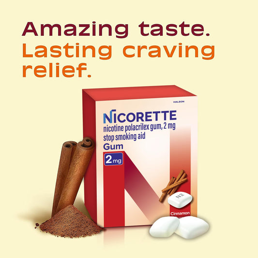 Nicorette 2 mg smoking cessation gum cinnamon flavor side panel facts