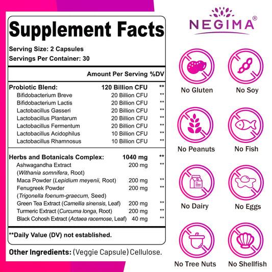 Negima women's probiotic capsule supplement lifestyle shot showing 60 capsules packaging.