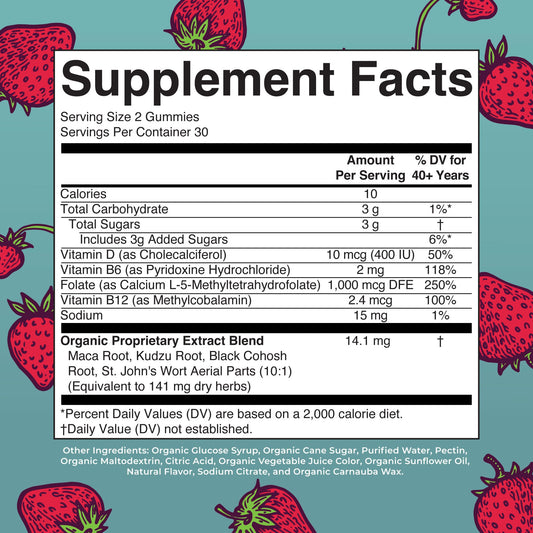 MaryRuth's vegan menopause supplement side panel highlighting the clean herbal ingredients list.