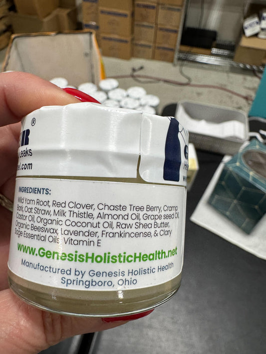 Side view of Genesis plant based balancing cream for women highlighting premium herbal ingredients list