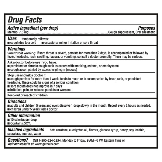 HALLS menthol lozenges eighty count bag layout displaying nutritional drug facts.
