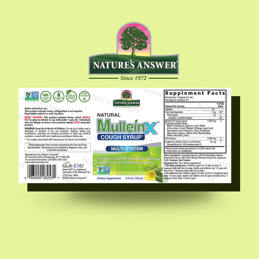 Nature's Answer Mullein-X herbal cough syrup packaging showcasing ingredients like mullein leaf and honey