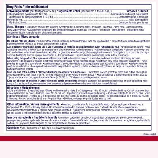 Buckley's nighttime cold and flu mixture packaging details and directions