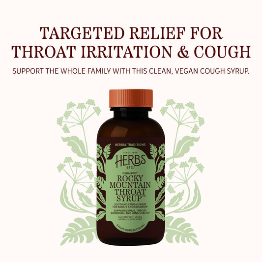Herbs Etc. Osha Root Throat Syrup packaging showing gluten-free and vegan certifications