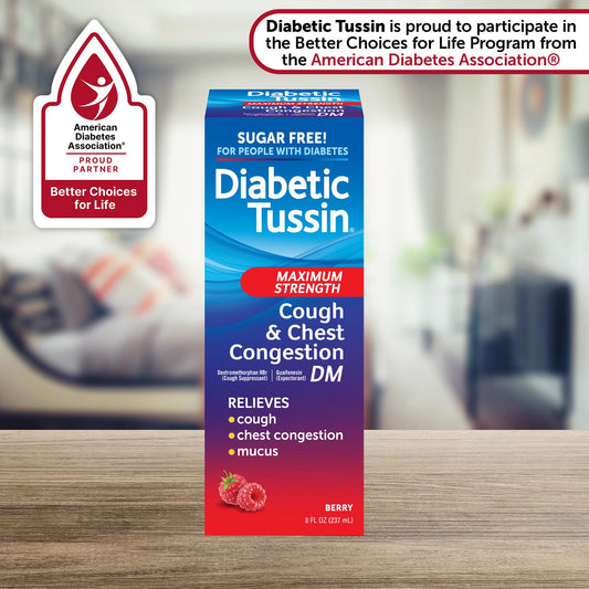 Diabetic Tussin berry flavor cough syrup back label showing active drug ingredients