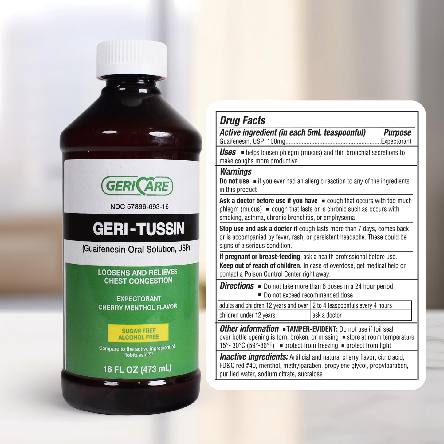 GeriCare Geri-Tussin Guaifenesin 100 mg per 5 mL oral solution side view