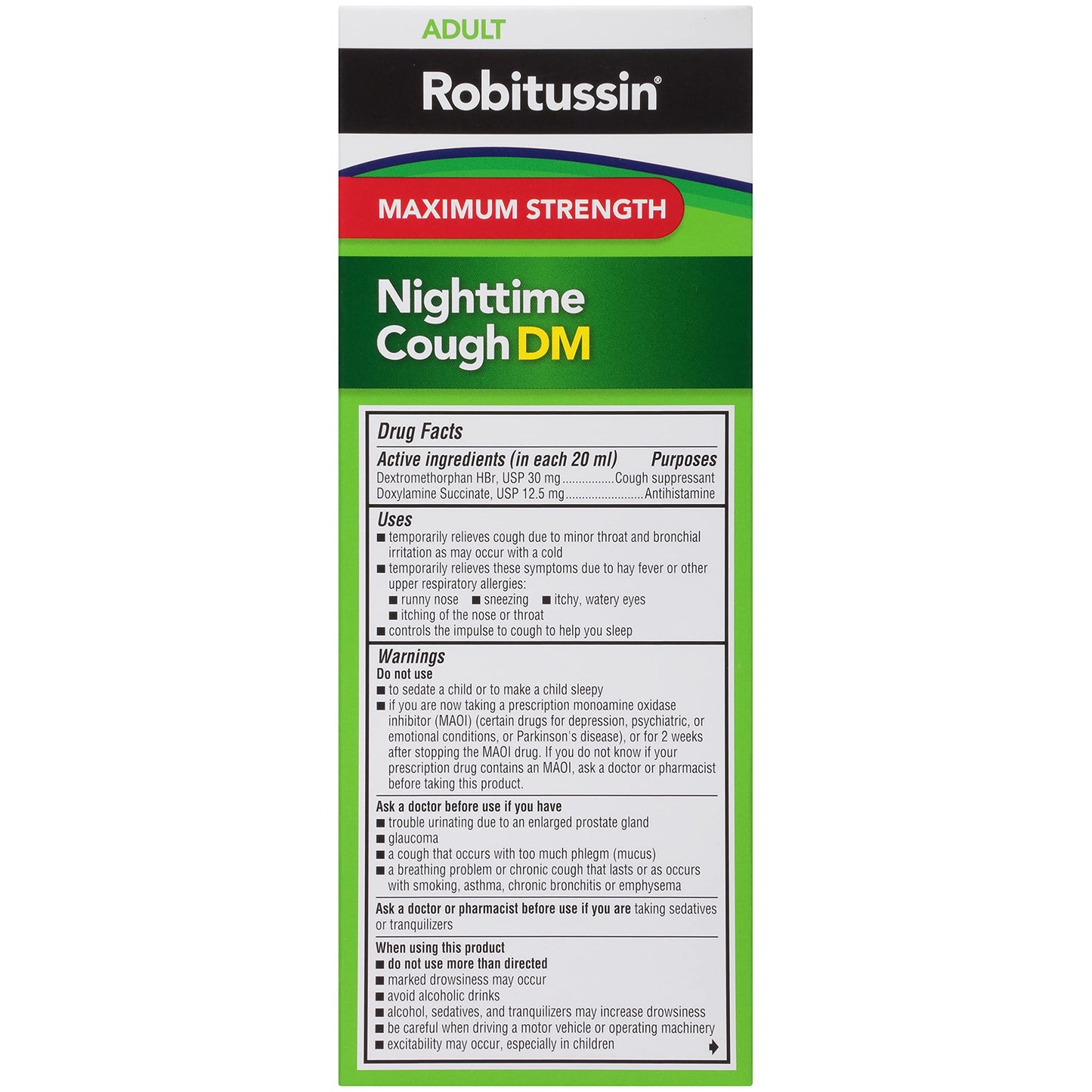 Imported Robitussin nighttime cough remedy showing expiration date and standard storage instructions.