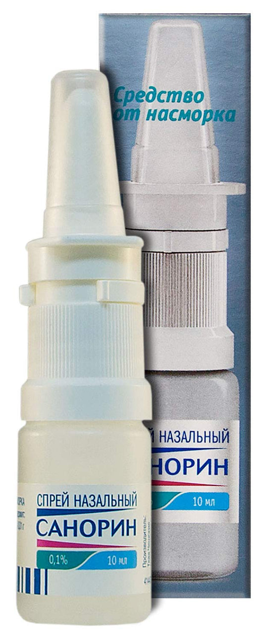 Ten milliliter bottle of imported Sanorin decongestant spray showing application nozzle