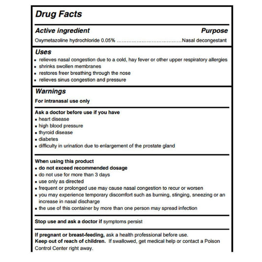 Side angle of imported Dristan nasal decongestant spray bottle pack displaying active ingredients