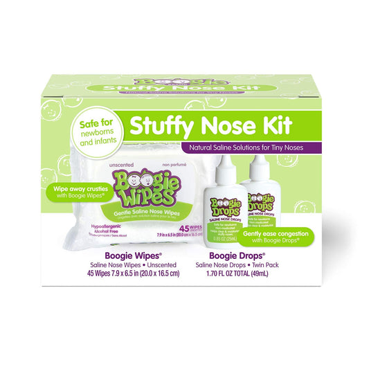 Boogie infant saline nasal drops bottles close up highlighting gentle congestion relief formula.