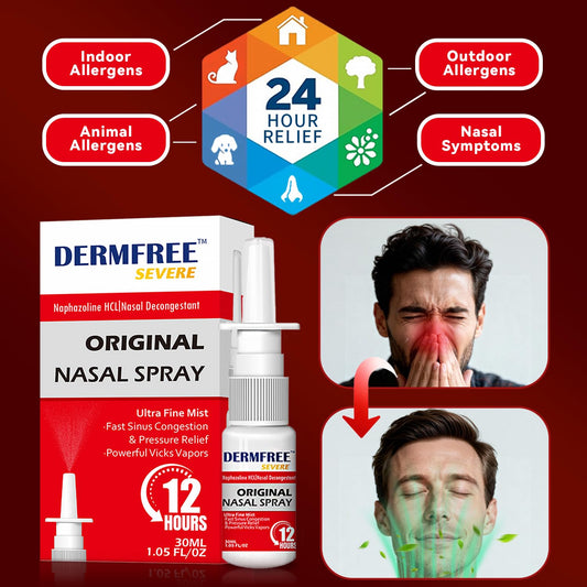 DERMFREE twelve hour nasal spray ultra fine mist bottle on white background