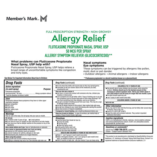 Member's Mark Aller-Nose 6 pack nasal spray box showing 144 metered sprays per bottle.