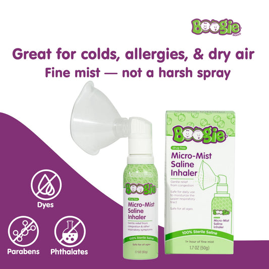 Boogie sterile saline mist inhaler with attached pediatric face mask