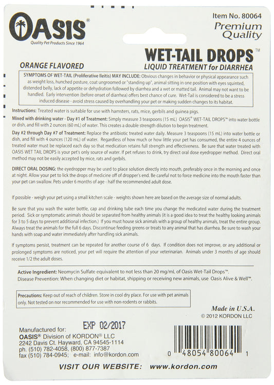 Detailed label of Kordon Oasis #80064 liquid diarrhea treatment for hamsters