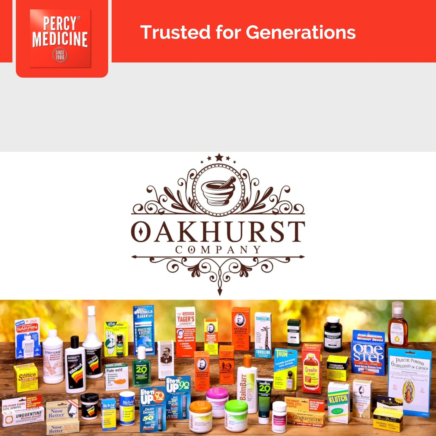 Full box and bottle display of Oakhurst Company Percy Medicine anti diarrheal support