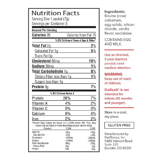 DiaResQ children diarrhea relief vanilla drink mix sachet packaging information side view