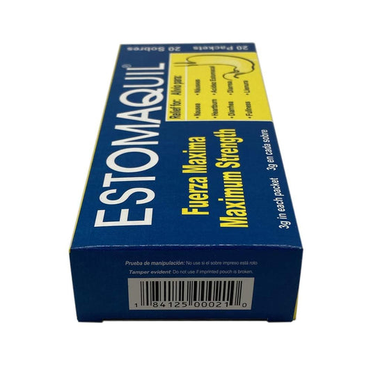 Close up of Estomaquil powder packets for nausea relief