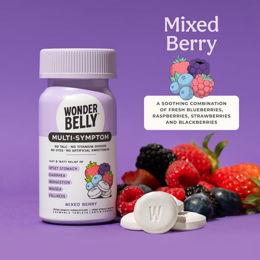 Wonderbelly anti diarrhea chewable tablets bottle showing clean ingredients list.