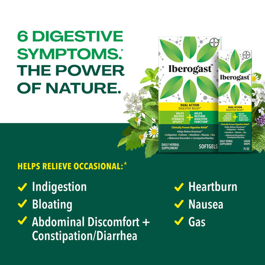 Side angle of Bayer Iberogast packaging highlighting the six herb blend formulation.