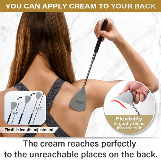 ROUNDS back lotion applicator tool showing telescopic stainless steel handle extended
