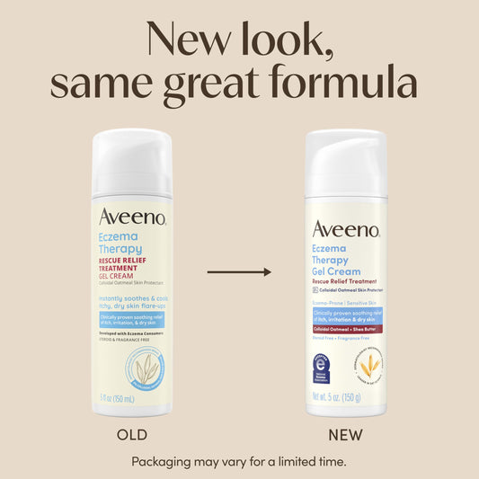 Aveeno steroid free eczema relief cream packaging showing clinical colloidal oatmeal ingredients.