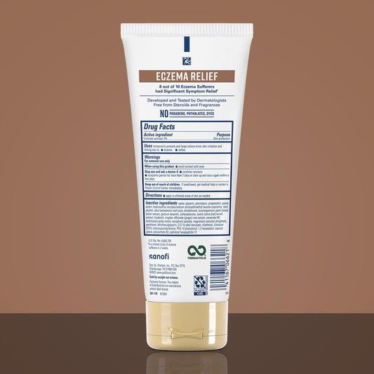 Gold Bond colloidal oatmeal eczema lotion tube showing product details and active ingredients.