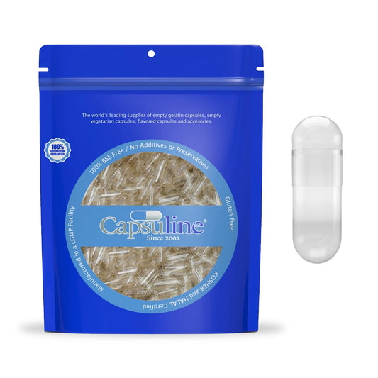 Close up of clear empty gelatin capsule size 0 pieces