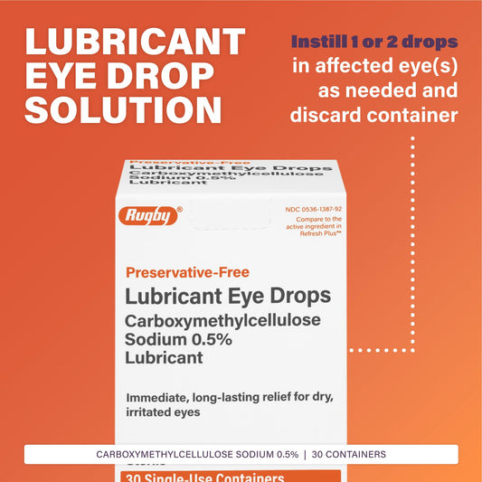 Rugby preservative free eye drops packaging displaying active ingredient carboxymethylcellulose sodium 0.5 percent details.