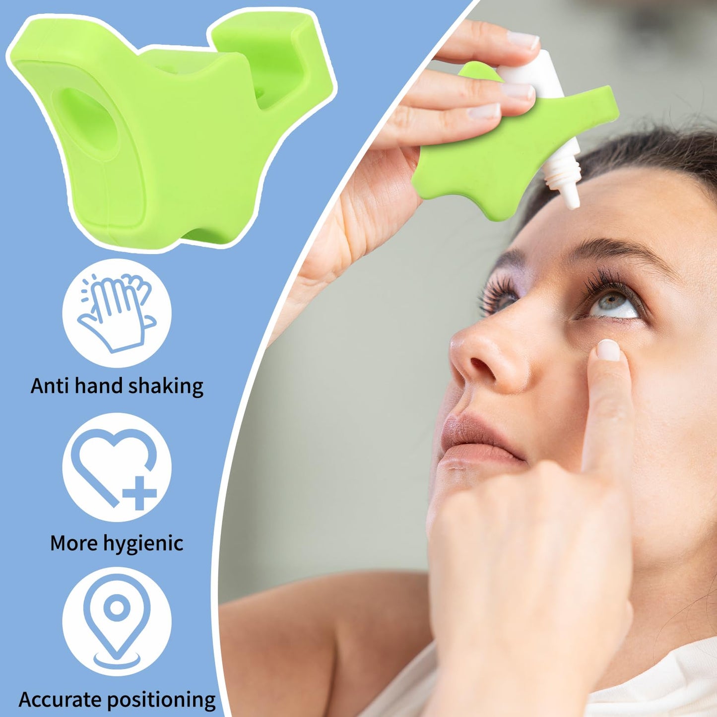 Close up of the washable green eye drop holder illustrating the durable plastic framework.