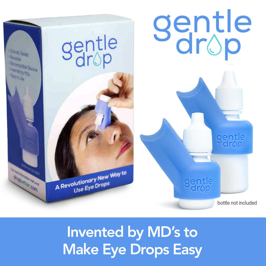 Ophthalmologist invented eye drop helper resting gently on a nose bridge