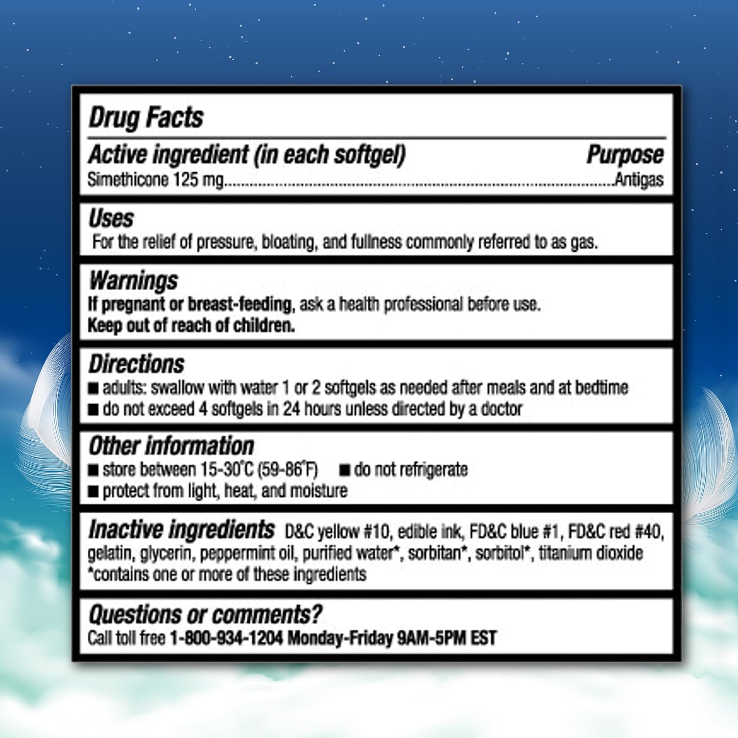 Full product display of Berkley Jensen simethicone softgels for adult bloating treatment