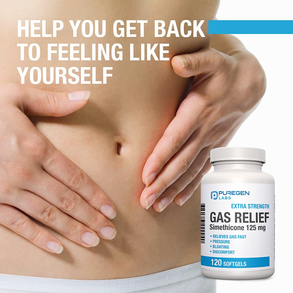 Authentic USA imported gas relief capsules by P Puregen Labs for stomach pressure.