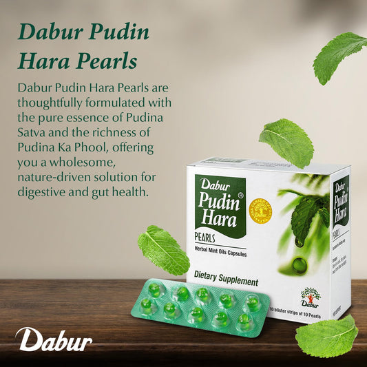 Dabur Pudin Hara Pearls blister strip layout displaying easy to swallow softgels