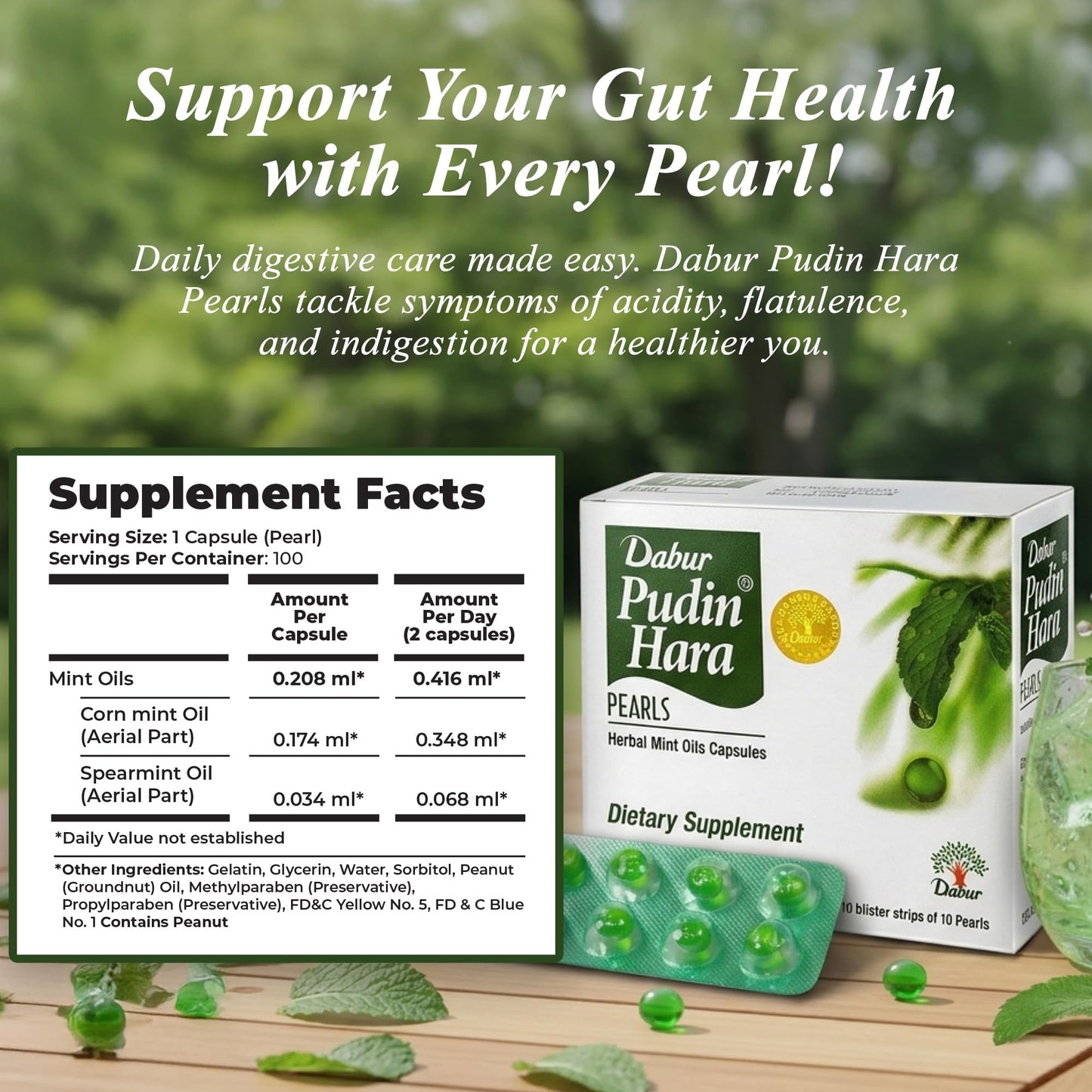 Dabur Pudin Hara Pearls full packaging contents for bloating and acidity relief
