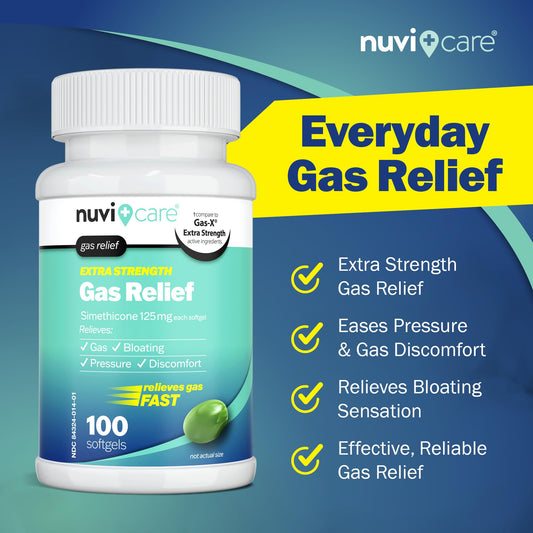 NUVICARE Simethicone 125mg softgels for fast bloating relief supplement packaging.