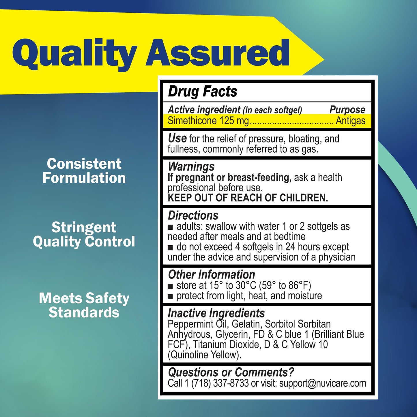 NUVICARE premium USA imported simethicone softgels for abdominal pressure relief.