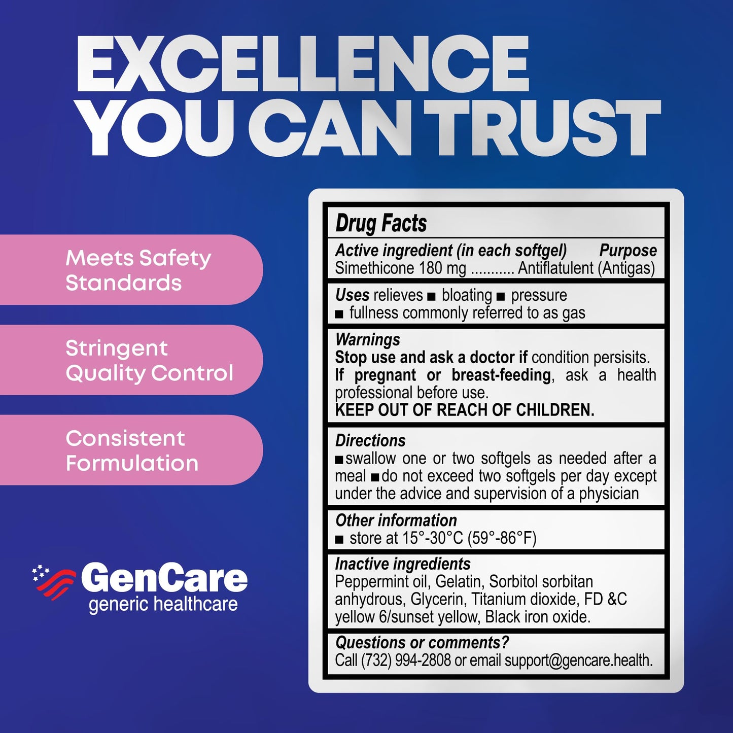 GenCare authentic anti gas pressure softgels showing easy to swallow capsule size comparison.