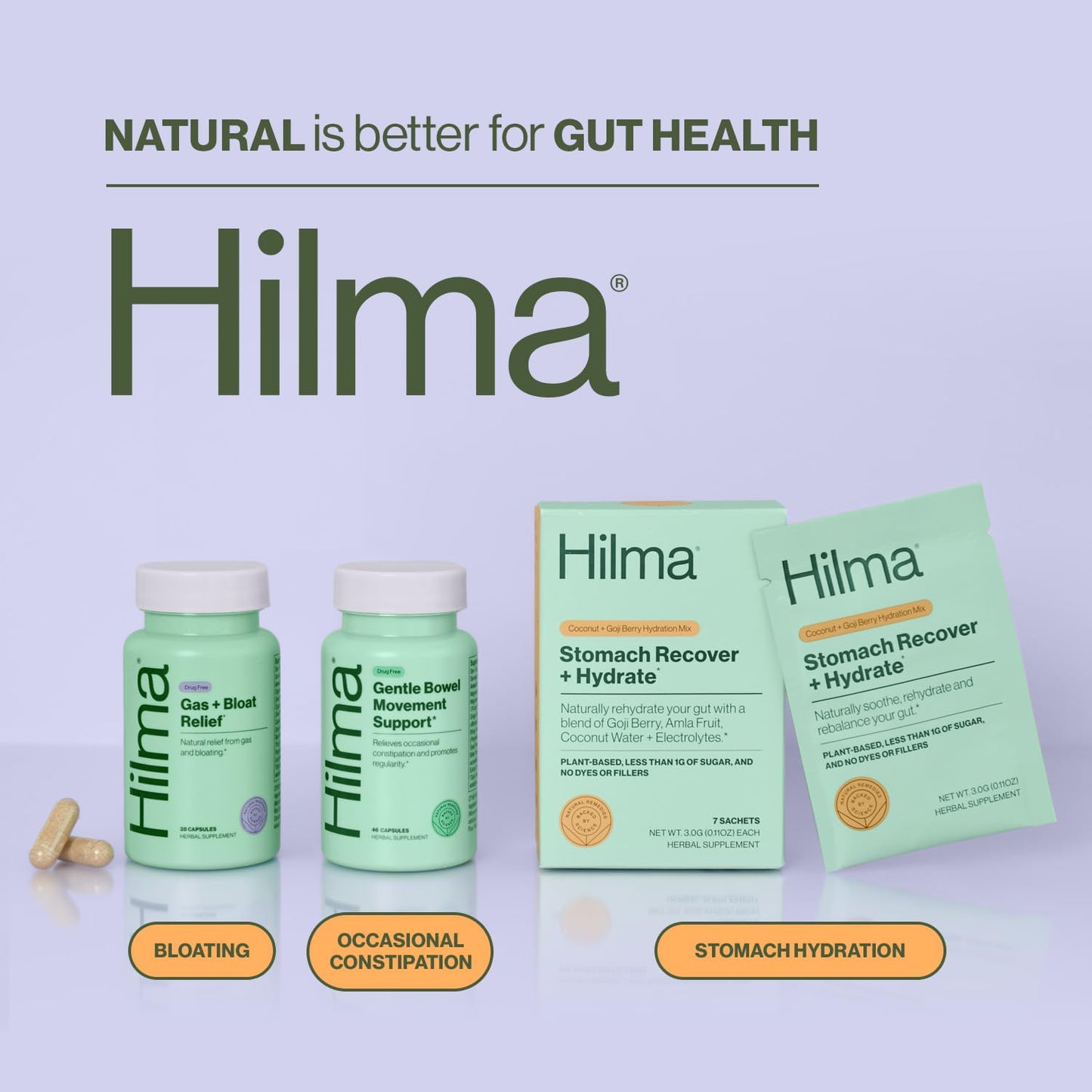 Hilma imported USA wellness supplement bottle for natural de-bloating