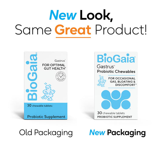 BioGaia Gastrus 30 chewable tablets packaging showing dual strain ingredients
