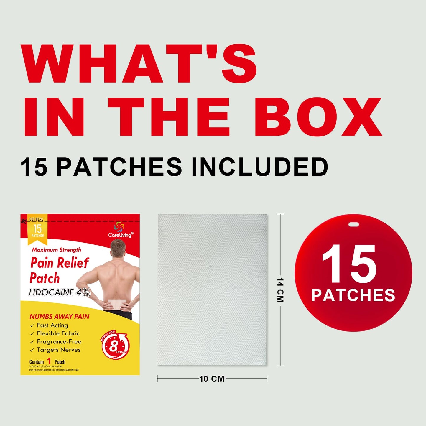 Back view of CARELIVING pain relief patch packaging listing drug facts, ingredients, and instructions.